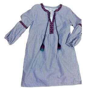 Tommy Bahama Poplin Split Neck Dress Sz XS Stripe Resort Boho Coastal Embroidery